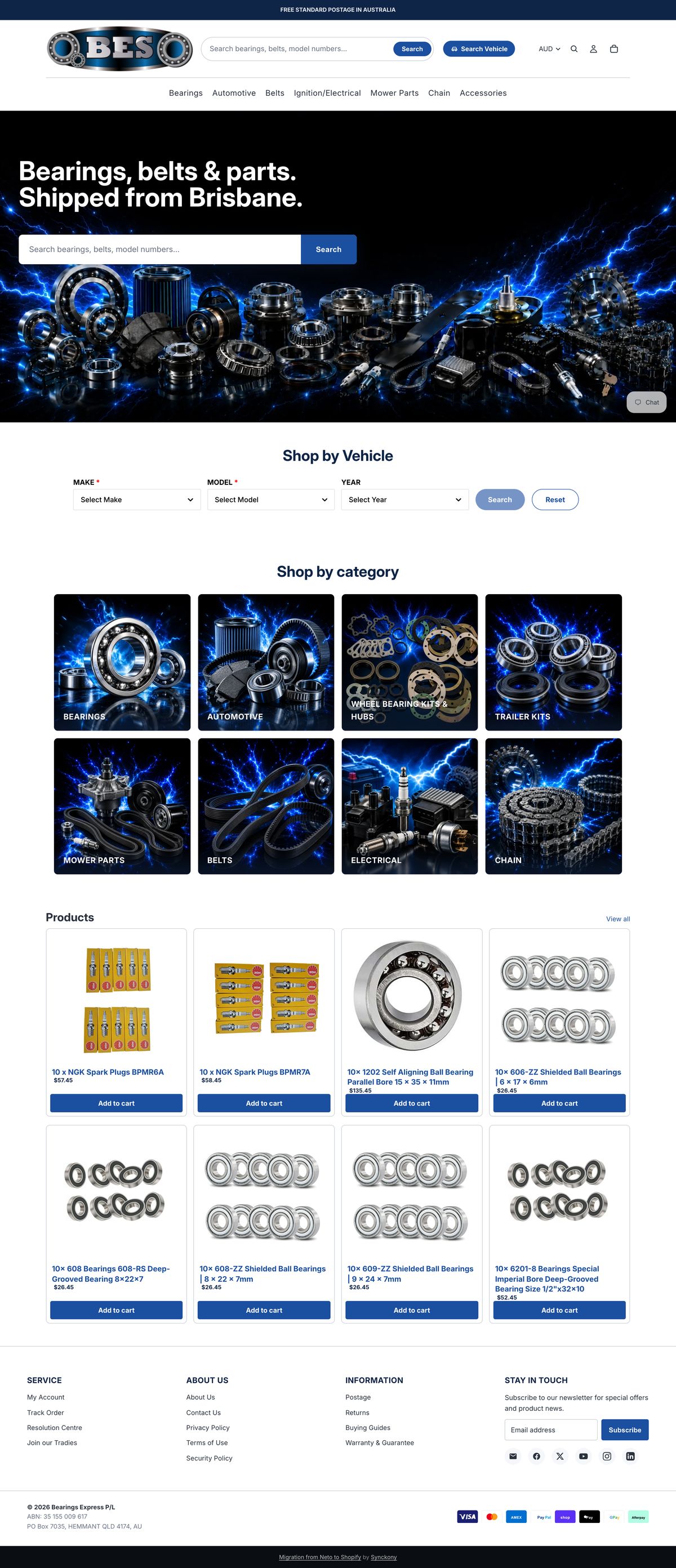 The new bearingsexpress.com.au homepage on Shopify — full page, with on-site vehicle search